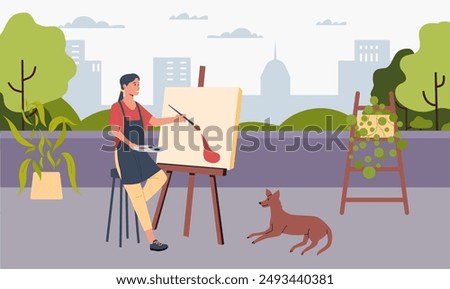 Image, Stock Photo Female artist painting on canvas in workshop