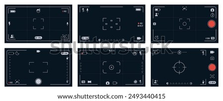 Mobile camera viewfinder. Smartphone viewfinders screen mobile camera with photo and video settings, grid, grid, focus, exposure, zoom and flash icons. Vector overlay for phone camera viewfinder.