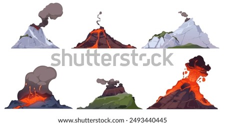 Volcano eruption. Mountains with fire lava explosion with smoke. Volcanic magma flow element for dangerous computer game landscape. Volcanoes vector isolated set.