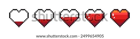 Pixel life bar heart icons. Retro video game health bar energy meter, gamer life and mana energy, retro 8 bit console game heart design. Vector set. Lovers like level isolated symbol.