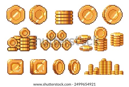 Golden coin pixel art. Round shiny vintage metal money, retro 8 bit game coins asset, cartoon old school metal treasure, bit app asset. Vector isolated set. Reward and prize gambling elements.