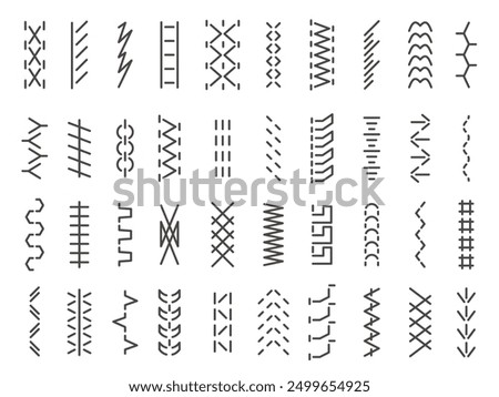 Sewing machine stitches. Embroidery zigzag straight overlock and fringe details, sewing textile ornament and seam structure. Vector isolated set. Stitch pattern thread borders, needlework texture.