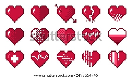 Pixel hearts. Retro 8 bit abstract love symbols, pixelated romance and friendship heart icons, 2D pixel art game asset. Vector isolated set. Broken heart and with amour arrow valentine day sign.