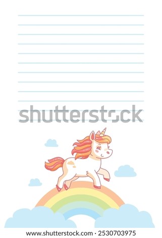 Cartoon unicorn is running over a rainbow with clouds and blank lines at the top for adding your own message. Vector illustration