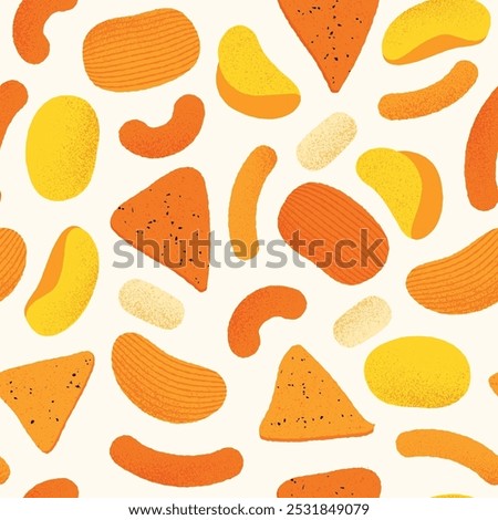 Snacks pattern. Seamless print of various fast food and junk food, cartoon snack mix with chips, burgers, hot dogs and pizza. Vector texture.