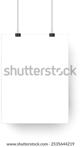 Blank white square poster hanging with binder clips on white background is perfect for showcasing your designs or messages