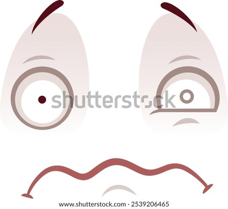 Cartoon face with big eyes shows disgust and skepticism, with a wavy mouth and raised eyebrows on a white background, perfect for conveying emotions like dislike and fear