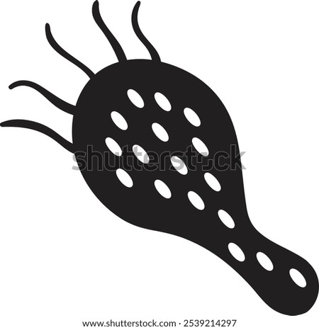 Simple black and white illustration of a paramecium aurelia, a single celled freshwater ciliate, moving with the help of cilia