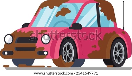 Muddy pink car driving on a dirt road, capturing the spirit of off road exploration and the need for a thorough car wash