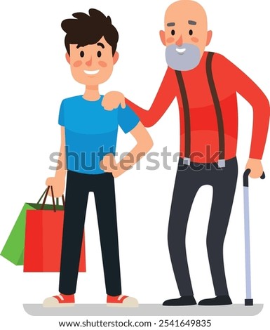 Cheerful volunteer assists an elderly man with shopping, demonstrating compassion and unity. The photo emphasizes the value of social support, independence, and honoring the elderly