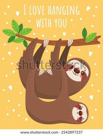 Two smiling sloths are hanging upside down from a tree branch on a yellow background with white hearts, showing affection and expressing their love for each other