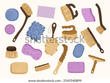 Cleaning tools brushes sponges. Washing equipment for home and office, brushes, mop and sponge for cleaning, housework supplies. Vector isolated set.