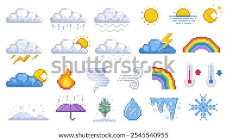 Pixel weather icons. Cartoon 8 bit game assets of sun rain snow thunderstorm wind and cloudiness. Vector weather forecast symbols isolated collection.