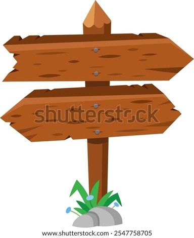 Empty wooden signpost with two arrows pointing in opposite directions, fixed on a wooden pole and surrounded by grass and rocks, isolated on white