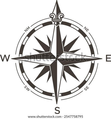 Classic compass rose design indicating the four cardinal directions, ideal for navigation, travel, and exploration themes