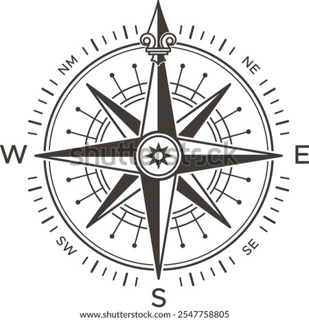 Wind rose showing north, south, east and west cardinal directions, including intermediate directions, helping sailors and navigators finding their way across oceans and lands