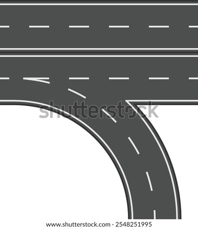 Straight highway with an exit ramp curving downwards, forming a semicircle, representing road infrastructure and transportation concepts