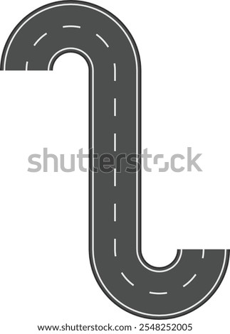 Winding road making two sharp turns creating an s shape with white lines on dark gray asphalt isolated on white background