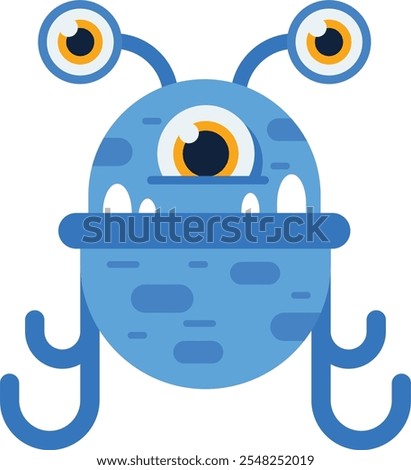 Cute alien cartoon with three eyes and antennas smiling playfully, perfect for kids entertainment and education. Ideal for stickers, logos, and more