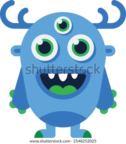 Friendly, cartoonish blue monster with three eyes, antlers, and a wide, toothy grin stands on two legs, exuding a playful and whimsical vibe