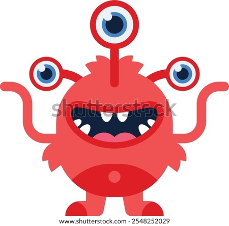 Cute red monster with three eyes and tentacle arms, smiling and playful, perfect for kids products and whimsical projects