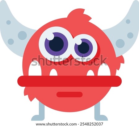 Cartoon illustration of a cute red monster with horns, big purple eyes, sharp teeth, and small legs, standing against a white background