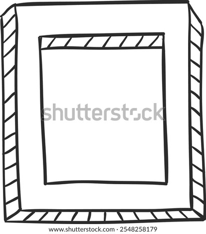 Simple, hand drawn illustration of an empty picture frame featuring a prominent striped border, creating a large white space ideal for adding custom images or text