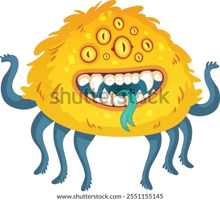 Funny hairy cartoon monster with multiple eyes, sharp teeth and long tongue sticking out, standing on spider legs, isolated on white background