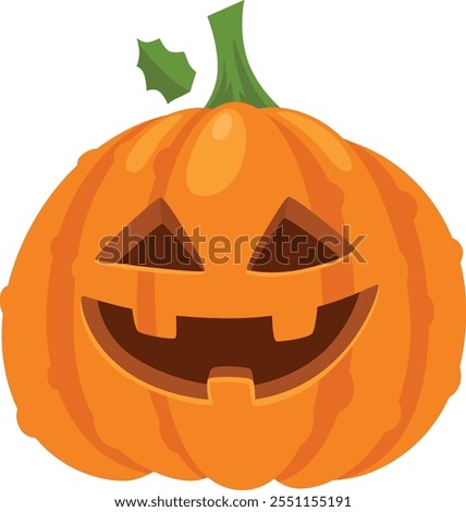 Festive halloween pumpkin showing a cheerful carved face, featuring triangular eyes and a wide, toothy grin, complete with a green stem and leaf