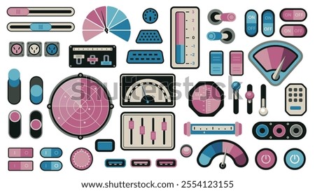 Retro control panel elements. Analog dashboard interface with measurement indicators, volume level sliders, knobs and dials. Vector 70s-80s technology screen.