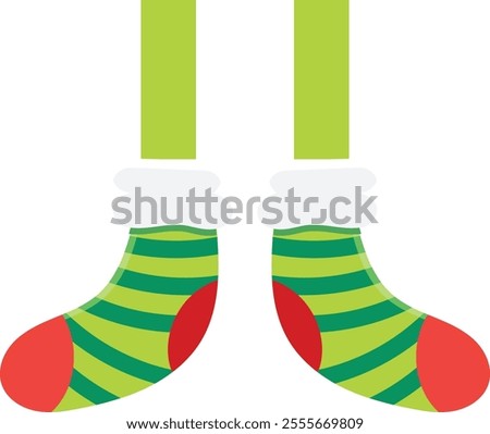 Hanging green and red striped christmas socks with cozy white cuffs, eagerly awaiting the joyful moments of being filled with festive gifts and delightful candy