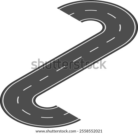 Winding road featuring two sharp turns, forming an elegant s shape, with white lane stripes contrasting against a bright white background, inviting journeys and adventures ahead