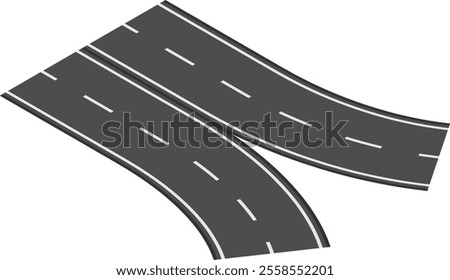 Two winding roads are crossing and merging on a white background, creating a dynamic intersection with lines indicating traffic flow and direction