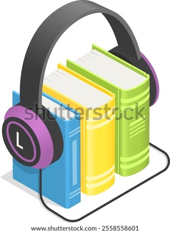 Headphones gently encircle a stack of vibrant books, symbolizing the immersive experience of listening to audiobooks and enjoying literature in a modern format