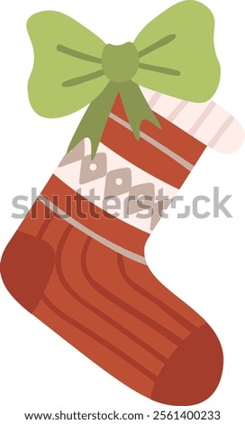 Red Christmas stocking adorned with a green bow and geometric patterns, resting on a white background, eagerly anticipating the joy of being filled with festive gifts