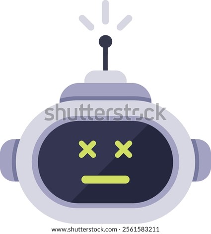 Robot malfunctioning with x shaped eyes and straight mouth showing malfunction, error, death, system failure, system error, warning, alert, notification, or breakdown