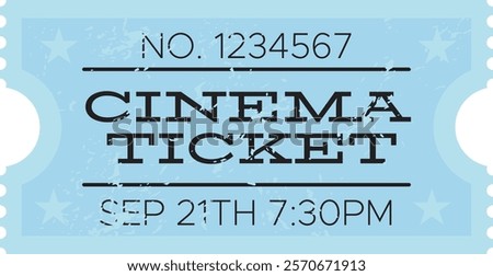 Light blue cinema ticket with time and number printed on it, for a movie show on september 21th at 7,30pm, with a ripped off side and two stars on each side