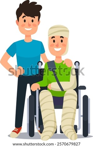 Caregiver is supporting an injured smiling patient who is sitting in a wheelchair with broken legs and plastered head, demonstrating care and assistance