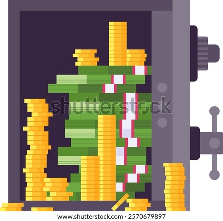 Pixel art illustration of an open safe box overflowing with gold coins and stacks of dollar banknotes, symbolizing wealth, savings, and financial success