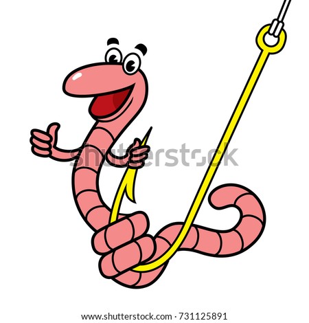 Vector illustration of funny smiling cartoon worm lure sitting on fishing hook and showing thumbs up isolated on white background