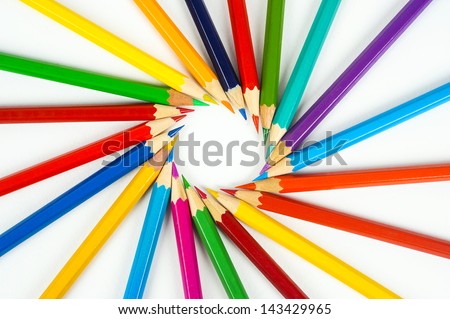 colored drawing pencil spiral on white background