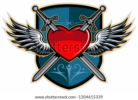 Twoo crossed swords piercing a heart with the wings and shield on background, medieval, vintage style vector logo.