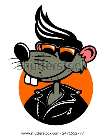 Cartoon style rat character in the leather jacket and 50 s style haircut, vector illustration. Isolated on white background.