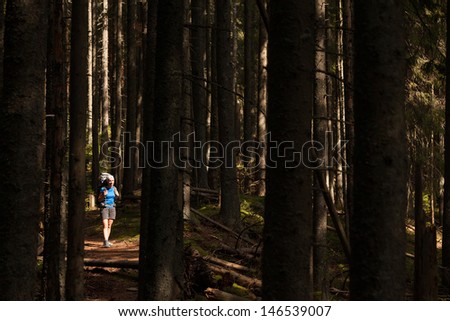 Woman is hiking in wild forest under huge trees