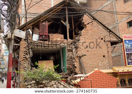 April 25, 2015 Fallen wall of the living building after earthquake, Nepal