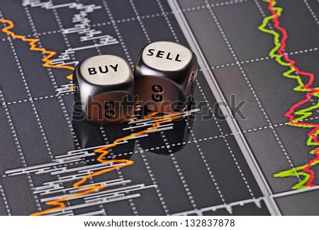 Dices cubes to trader. Cubes with the words SELL BUY on financial chart as background. Selective focus