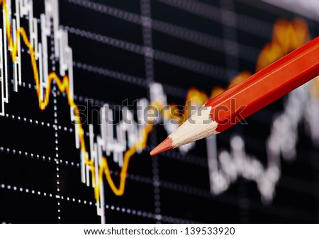 Financial chart with the red pencil. Selective focus