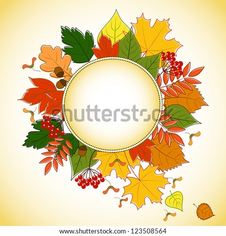 round invitation card with autumn leaves and  berries
