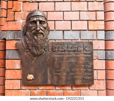 Torun, Poland - May 07, 2014: Memorial plaque of Torun rabbi Zvi Hirsch Kalischer. Kalischer (Kaliszer, 1795-1874) expressed views in favor of the Jewish re-settlement of the Land of Israel