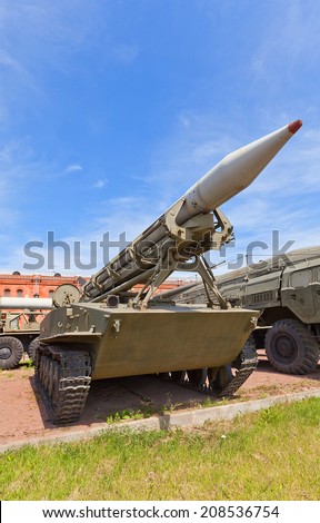 SAINT PETERSBURG, RUSSIA - JULY 12, 2014: Soviet rocket launcher 2P16 of  artillery rocket system 2K6 Luna (NATO name FROG-3) in Artillery Museum of Saint Petersburg. Used by Soviet army since 1960